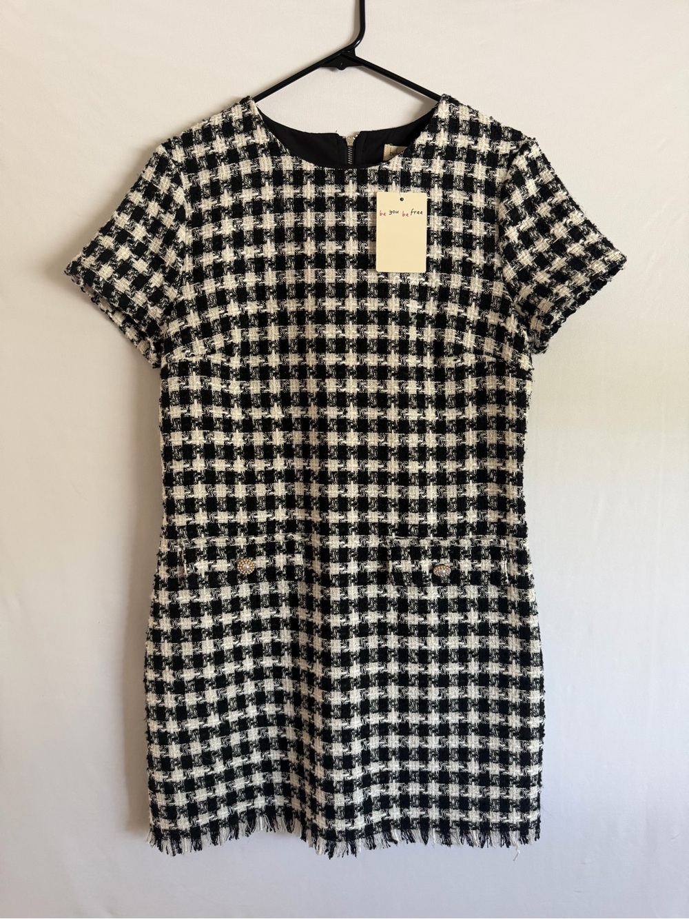 Bebop Women's Black White Tweed Houndstooth Sheath Raw Hem Dress Size Large